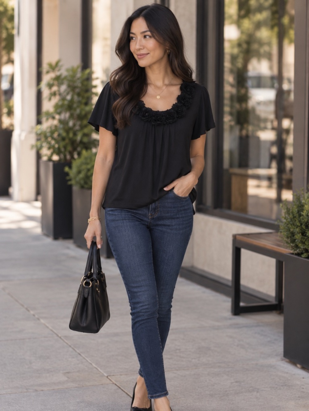 ELLE Black Blouse Women's Size L Rosette Trim Flutter Sleeve Scoop Neck